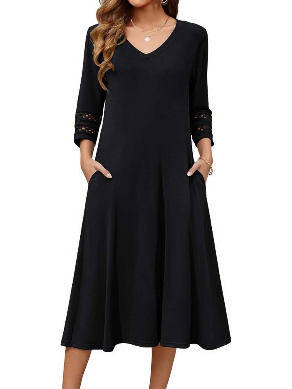 Casual V-Neck A-Line Midi Dress with 3/4 Sleeves & Eyelet Detail for Women